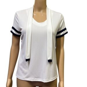 Liz Claiborne Vintage White with Navy Detail Tie Neck Short Sleeve Top Petite S